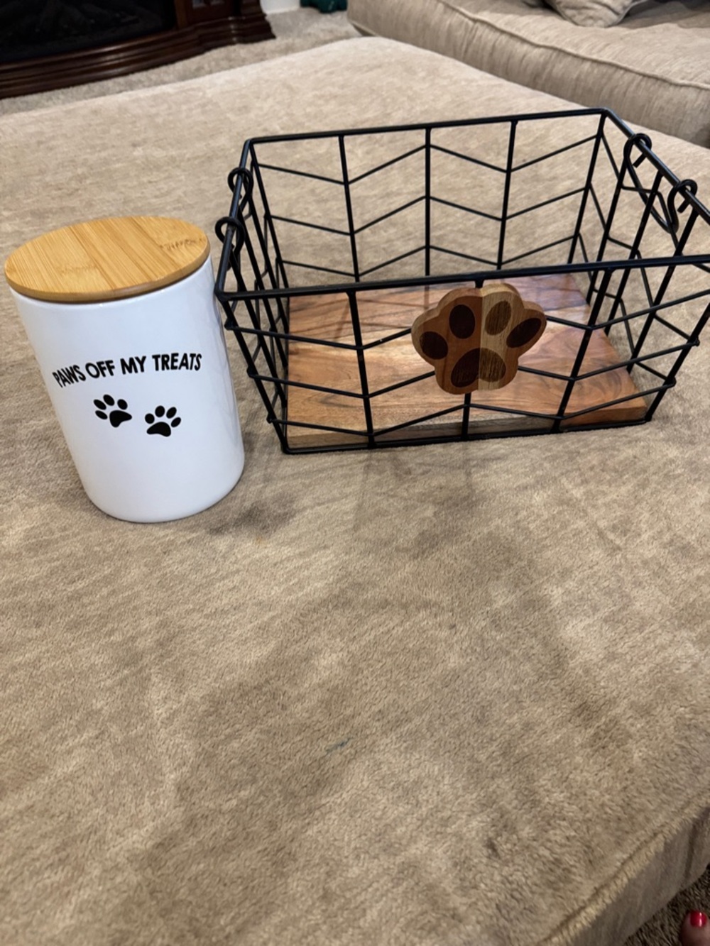Black Wire Storage Basket Wooden Paw Accent - white ceramic treat jar